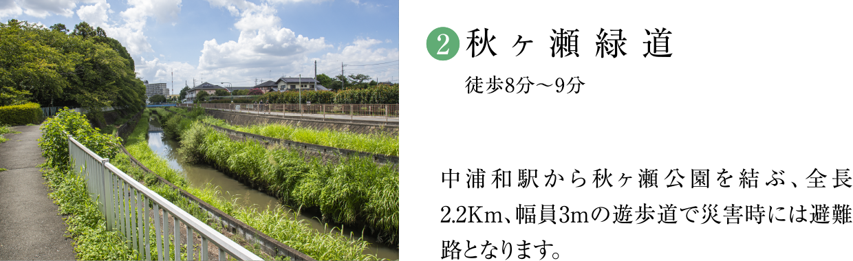 (2)秋ヶ瀬緑道（徒歩8分〜9分）